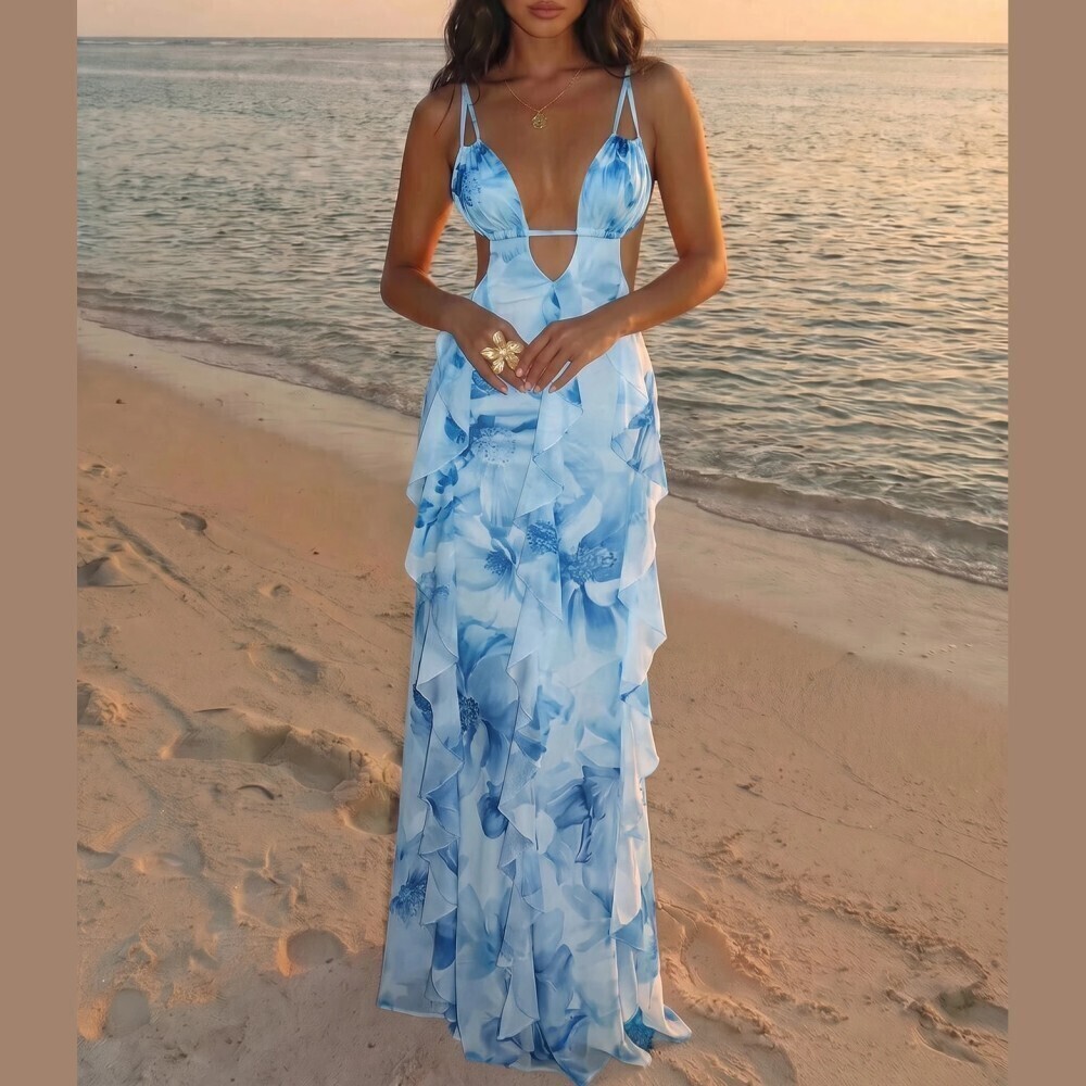 Sky Blue Floral Ruffle Tiered Cutout Spaghetti Strap Maxi Dress